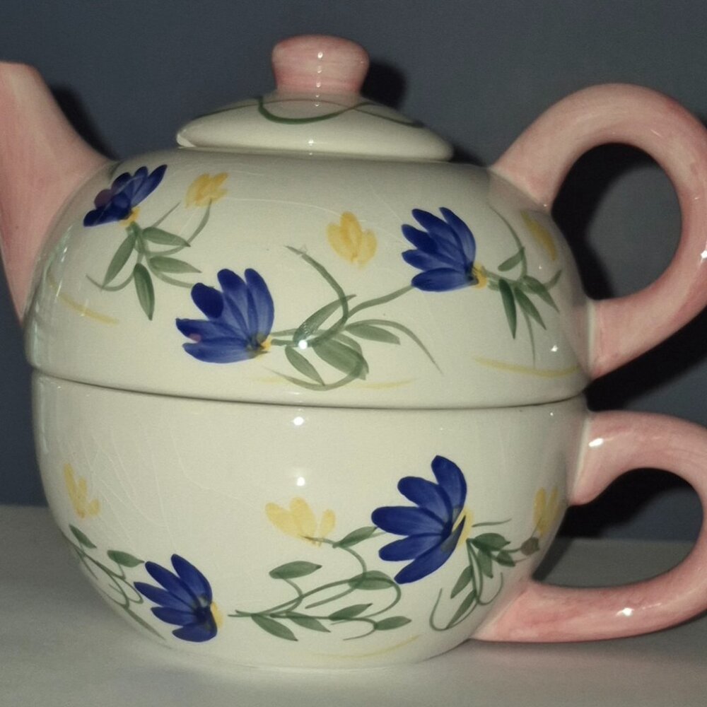 Vintage 1999 Lefton Tea for One Teapot & Teacup Set White Blue Yellow Floral GUC